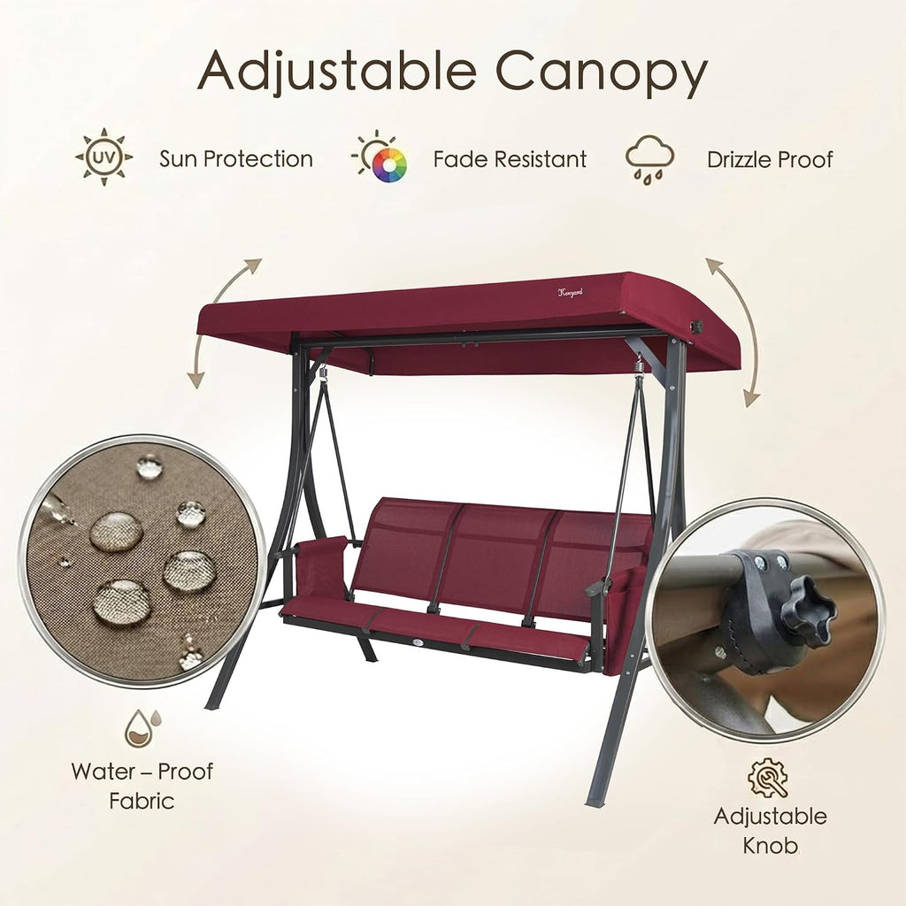 Kozyard Brenda 3-Seat Outdoor Porch Swing Glider, Patio Swing with Adjustable Canopy, Steel Frame, Breathable Textilene Seat & Back, Side Pockets (Burgundy)