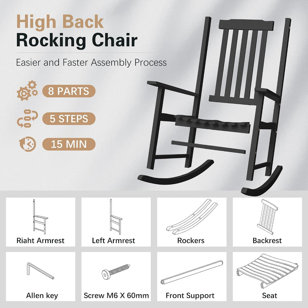 Greesum Outdoor Rocking Chair, Acacia High Back Oversized All-Weather Lounge Rocker with 320 lbs of Support for Patio, Garden, Deck, Porch,Black