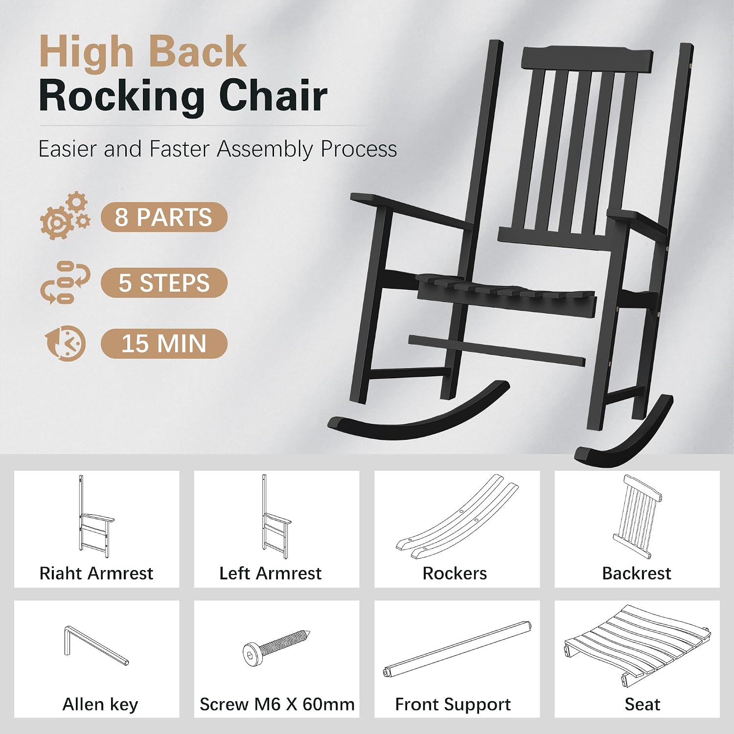 Greesum Outdoor Rocking Chair, Acacia High Back Oversized All-Weather Lounge Rocker with 320 lbs of Support for Patio, Garden, Deck, Porch,Black
