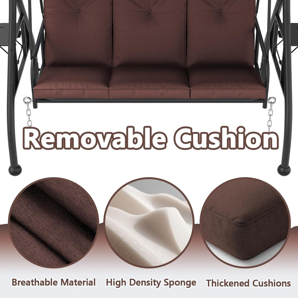 3-Seat Outdoor Porch Swing Glider with Adjustable Canopy, Convertible Patio Swings Bed with Upgraded Folding Cup Holders & Thicker Cushion for Backyard, Garden, Poolside - Brown
