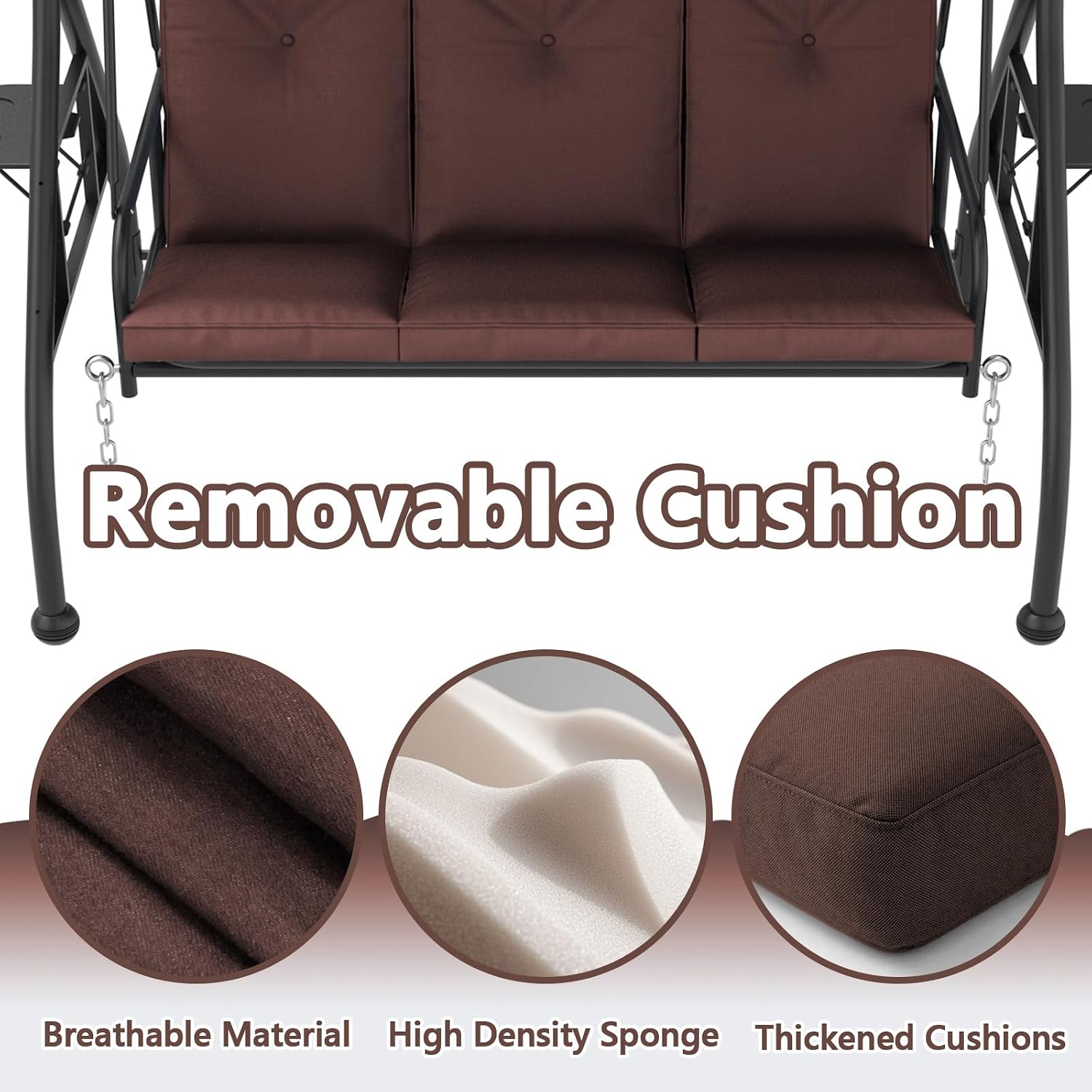 3-Seat Outdoor Porch Swing Glider with Adjustable Canopy, Convertible Patio Swings Bed with Upgraded Folding Cup Holders & Thicker Cushion for Backyard, Garden, Poolside - Brown