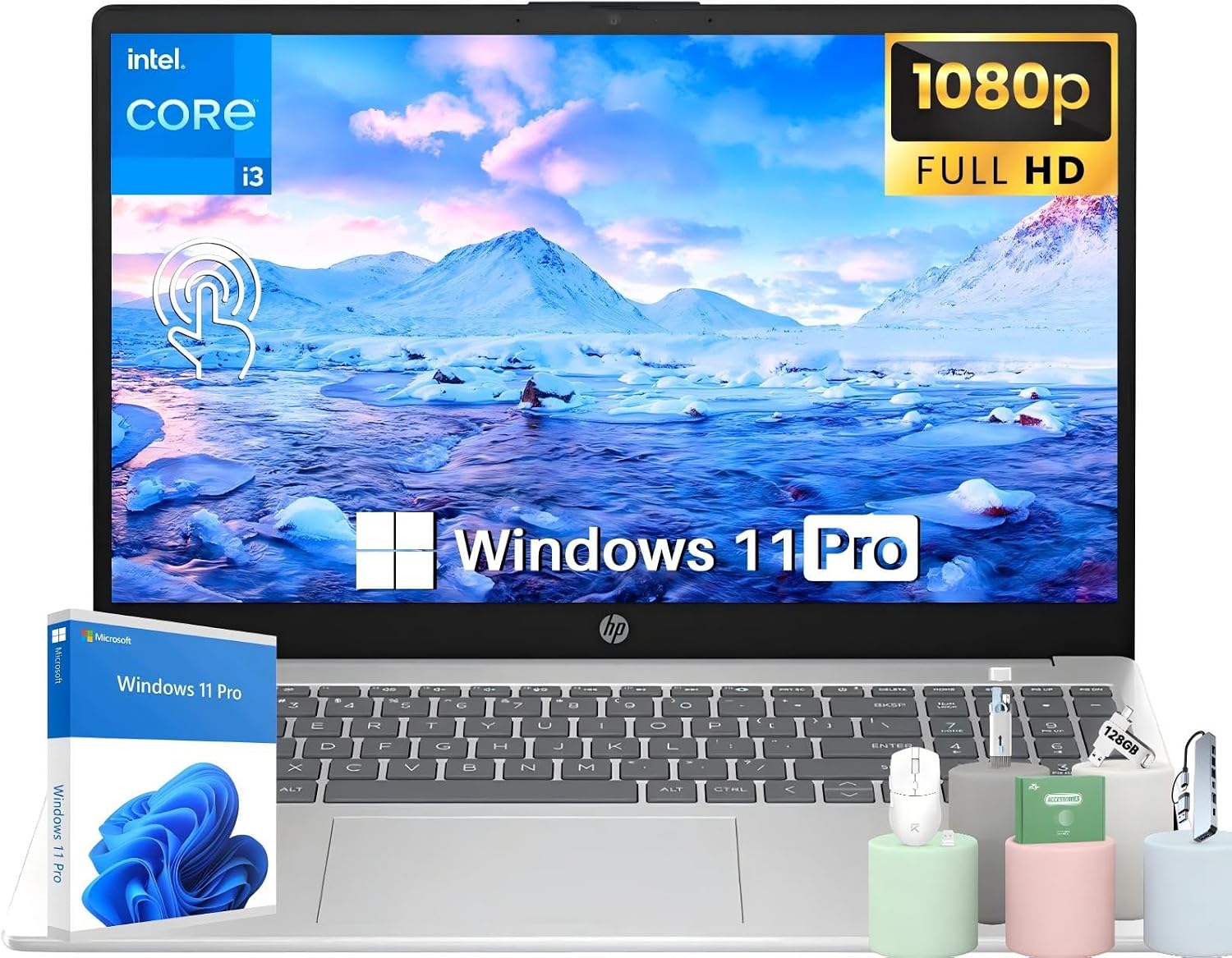 HP 15.6' Touchscreen Laptop for Business & Students - Intel 6-core i3 Processor(Up to 4.4GHz), 32 GB RAM, 2 TB SSD, Intel UHD GPU, Wi-Fi 6E, Long Battery Life, Windows 11 Pro, Copilot, w/Accessories