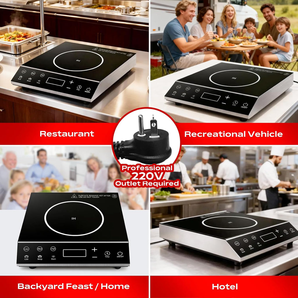 Commercial Induction Cooktop, 3500W 220V Electric Countertop Burner with Large heating area, 5 Quick-Temp Modes, Timer & LED Display, Portable Induction Hot Plate for Restaurant Kitchen Hotel Catering