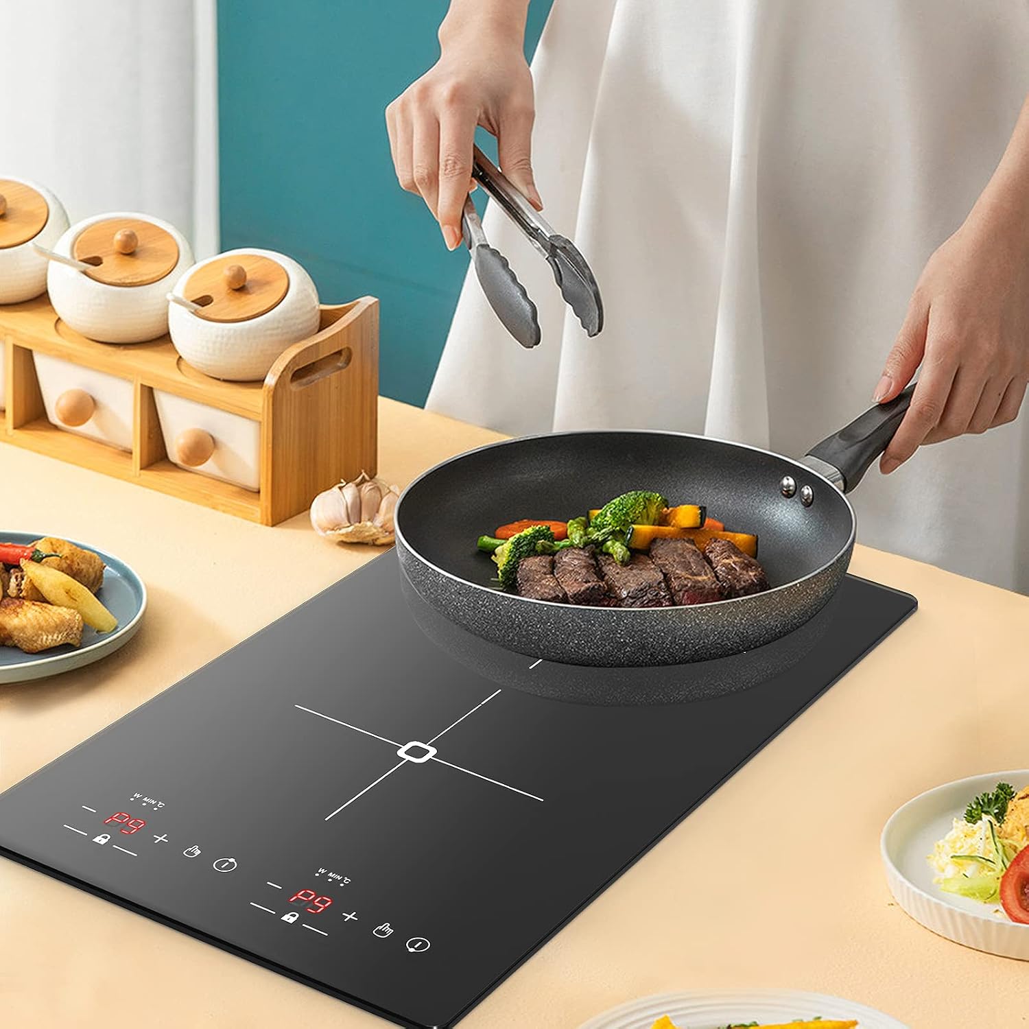 VBGK Double Induction Cooktop, 2300W 110V Portable Induction Cooktop with LED Touch Screen 9 Levels Settings,Electric cooktop with Child Safety Lock & Timer 2 burner