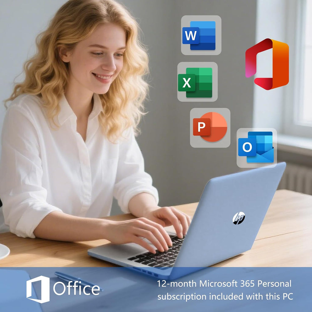 HP 14 Elite Laptop, 8GB RAM, 1.12TB Total Storage (128GB UFS+1TB Cloud), Sky Blue, Office 365, Intel 4-Core, Win11, Copilot AI, 11Hr Battery, Alpacatec Mouse
