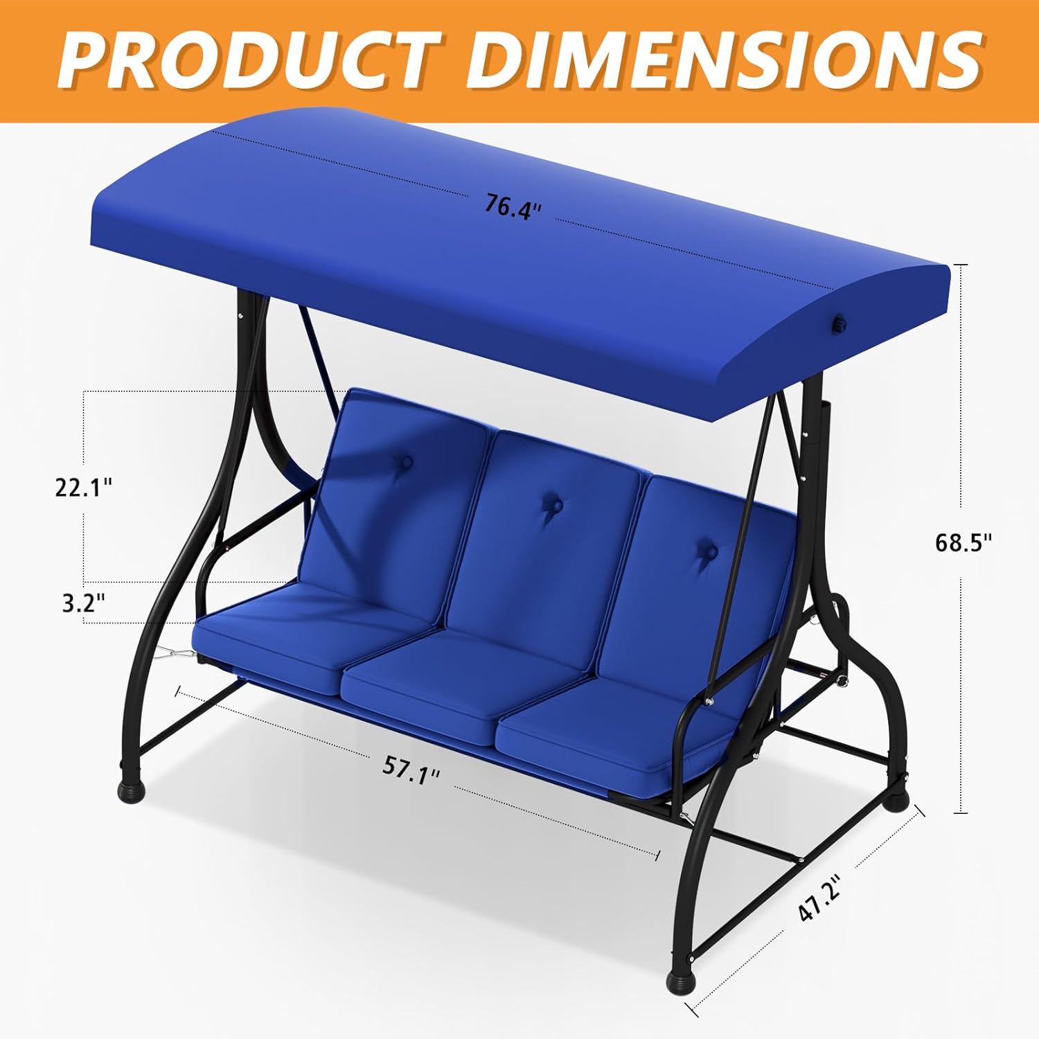 3-Seat Porch Swing Bed with Adjustable Canopy & Removable Cushions, Heavy Duty Steel Frame Outdoor Patio Swings Glider Chair for Backyard, Garden, Deck, Blue