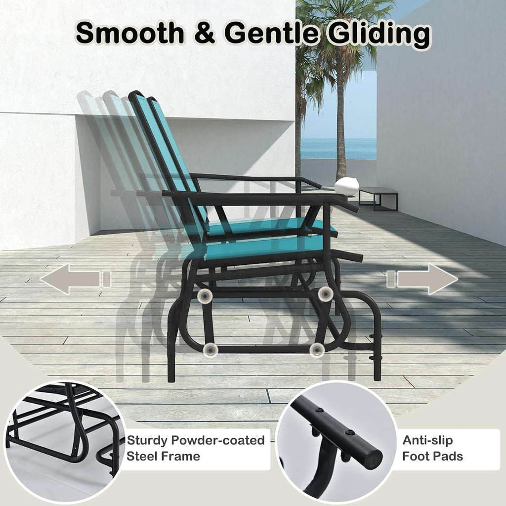 Tangkula 2 Person Swing Glider Chair, Patio Rocking Loveseat w/Center Tempered Glass Table, Outdoor Swing Bench w/Steel Frame & Breathable Mesh Fabric for Porch, Balcony, Poolside (Turquoise)
