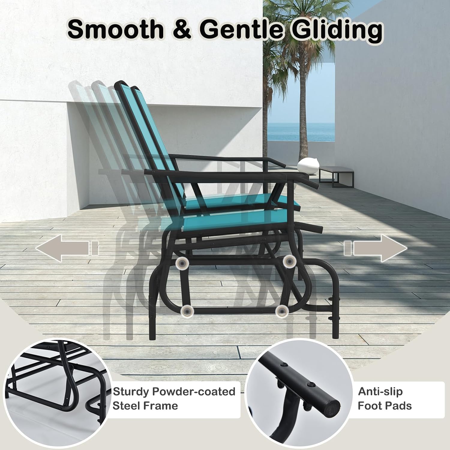 Tangkula 2 Person Swing Glider Chair, Patio Rocking Loveseat w/Center Tempered Glass Table, Outdoor Swing Bench w/Steel Frame & Breathable Mesh Fabric for Porch, Balcony, Poolside (Turquoise)