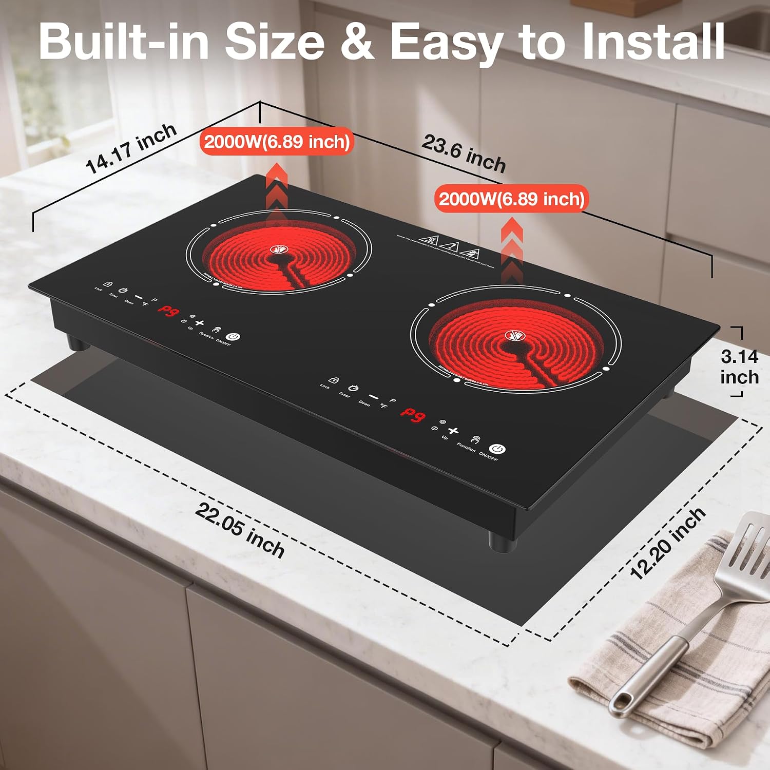 2 Burner Electric Cooktop 110V, 4000W Electric Ceramic Glass Stove Infrared Hot Plate for Cooking, 24 inch Portable Countertop & Built-in Burner, Child Lock, Timer, Touch Control, for Home Dorm Office