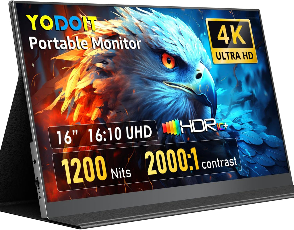 Yodoit 4K Portable Monitor, 16' 3840×2400 UHD IPS Travel Screen 1200nit Sunlight-Readable with 145% sRGB, 2000:1 Contrast for Photo Editing Outdoor Work Compatible with Laptop PC Mac PS5 Black