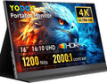 Yodoit 4K Portable Monitor, 16' 3840×2400 UHD IPS Travel Screen 1200nit Sunlight-Readable with 145% sRGB, 2000:1 Contrast for Photo Editing Outdoor Work Compatible with Laptop PC Mac PS5 Black
