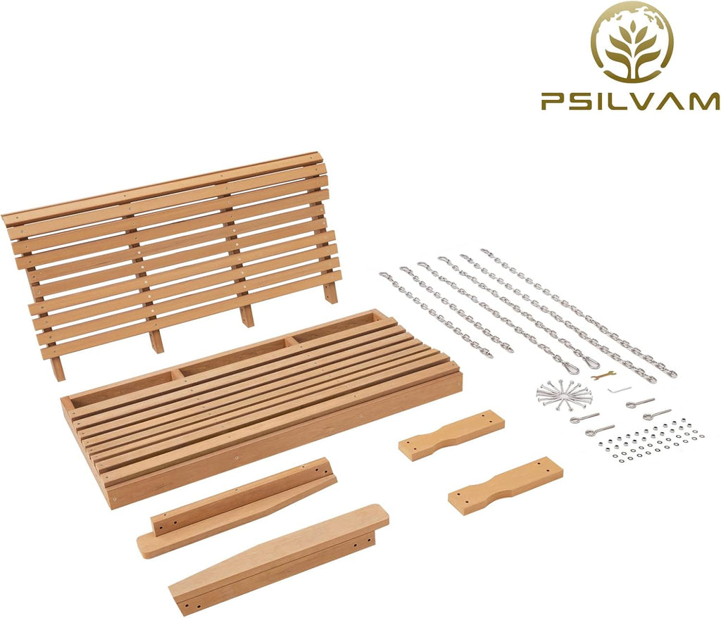 Psilvam HDPE Porch Swing, 2 Seat Hanging Porch Swing Outdoor, All-Weather Patio Swing, Waterproof and Rot-Resistant, Swing Bench for Outside, Garden, Porche and Parks (Teak)