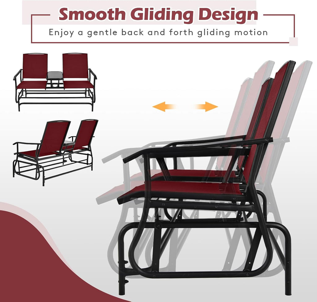 Tangkula 2 Person Swing Glider Chair, Patio Rocking Loveseat w/Center Tempered Glass Table, Outdoor Swing Bench w/Steel Frame & Breathable Mesh Fabric for Porch, Balcony, Poolside (Burgundy)