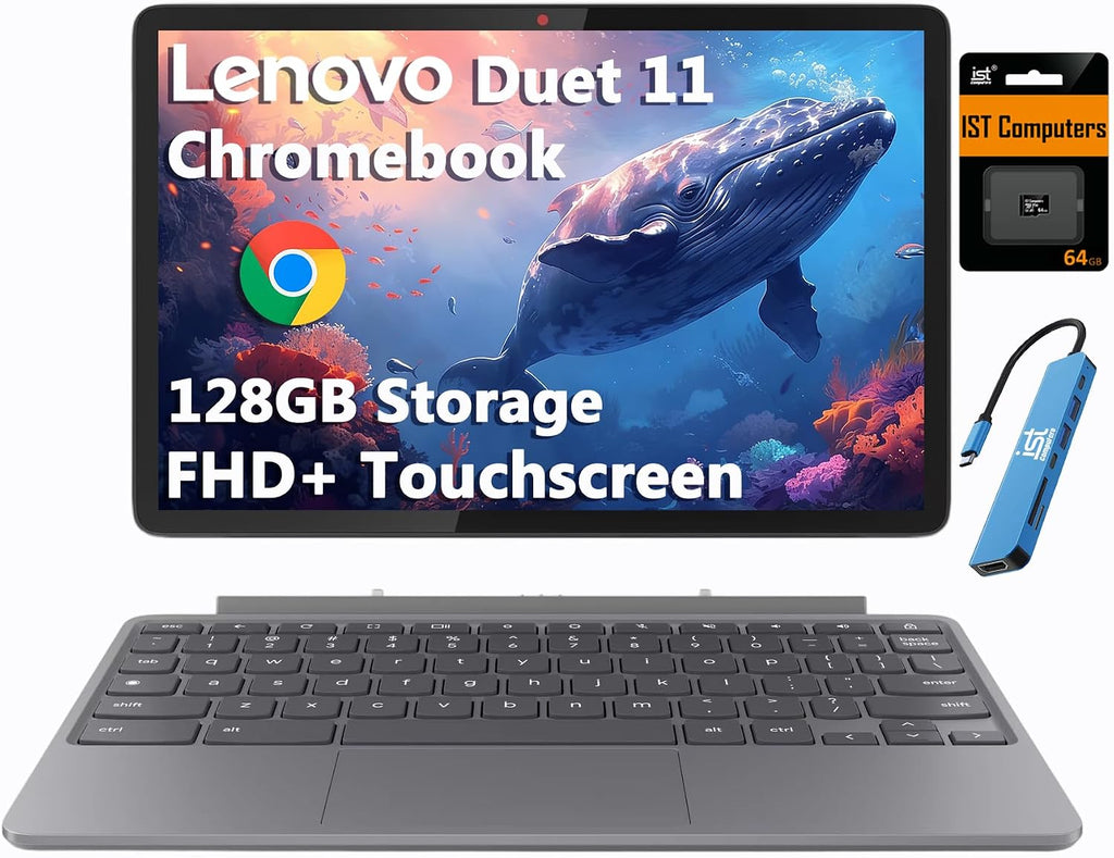 Lenovo Chromebook Duet Gen 9 11' FHD+ 2-in-1 Tablet Touchscreen Laptop (8-Core MediaTek Kompanio 838, 4GB, 128GB Storage (64GB+64GB SD), Detachable Keyboard) 8MP Webcam, IST HUB, Chrome OS, Students