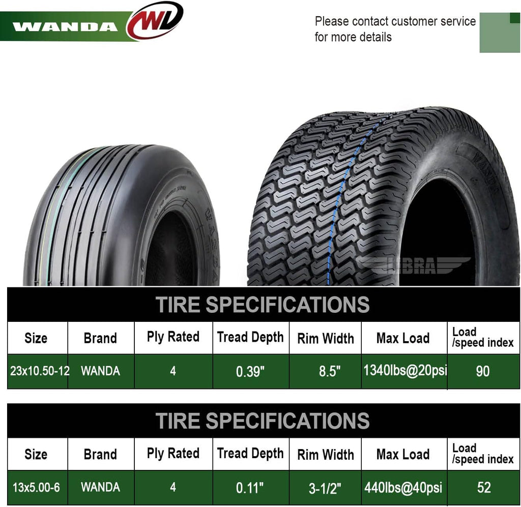 WANDA Set 4 Zero-Turn Lawn Mower Turf Tires 13x5-6 Front & 23x10.5-12 Rear /4PR -13080/13049