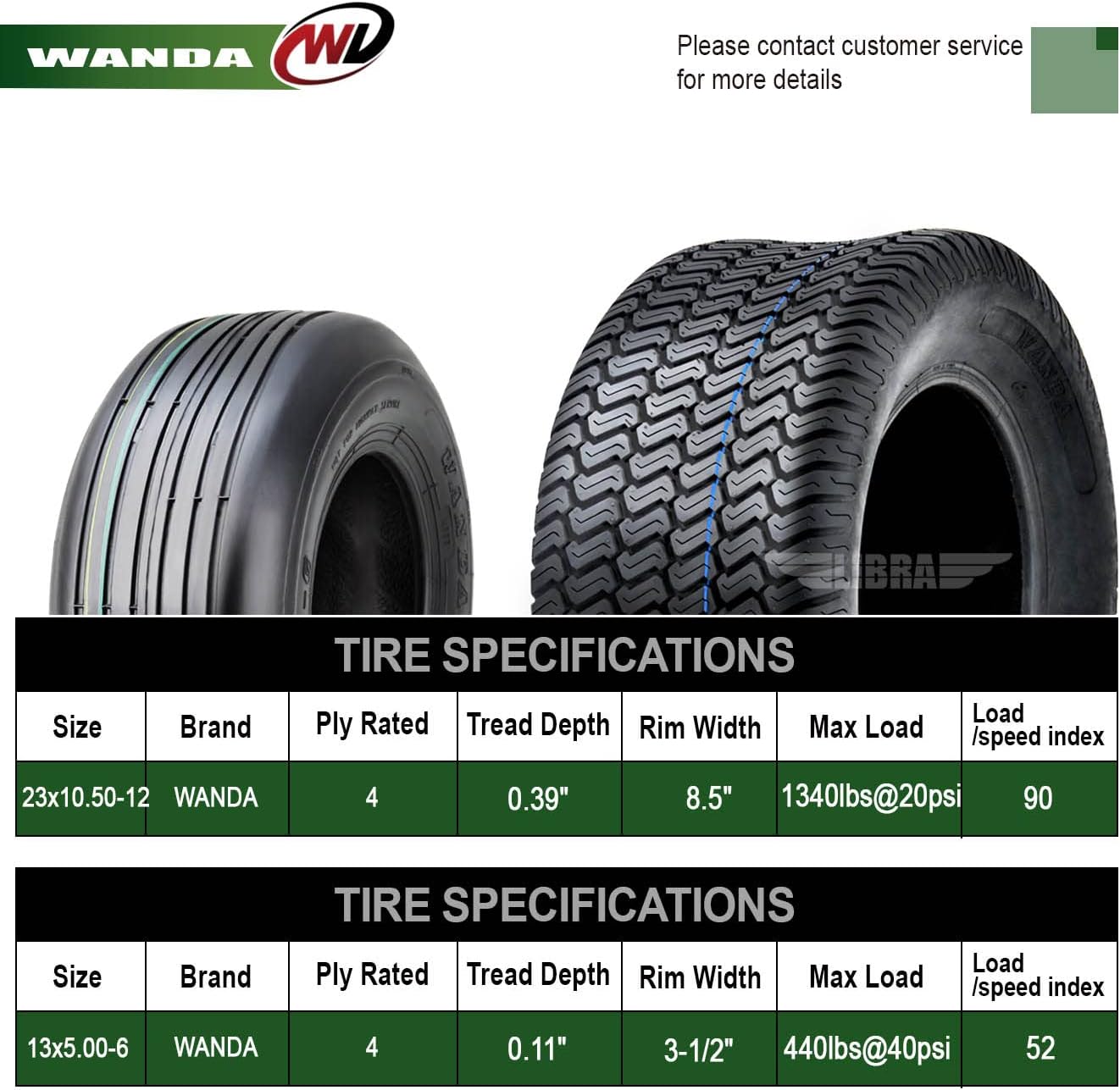 WANDA Set 4 Zero-Turn Lawn Mower Turf Tires 13x5-6 Front & 23x10.5-12 Rear /4PR -13080/13049