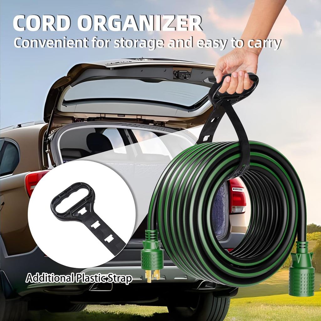 4 Prong 30 Amp Extension Generator Cord 100FT, NEMA L14-30P/L14-30R, 125/250 Volt Up to 7500 Watts, 10 Gauge SJTW Twist Lock Power Cord for Manual Transfer Switch, Black&Green, ETL Listed