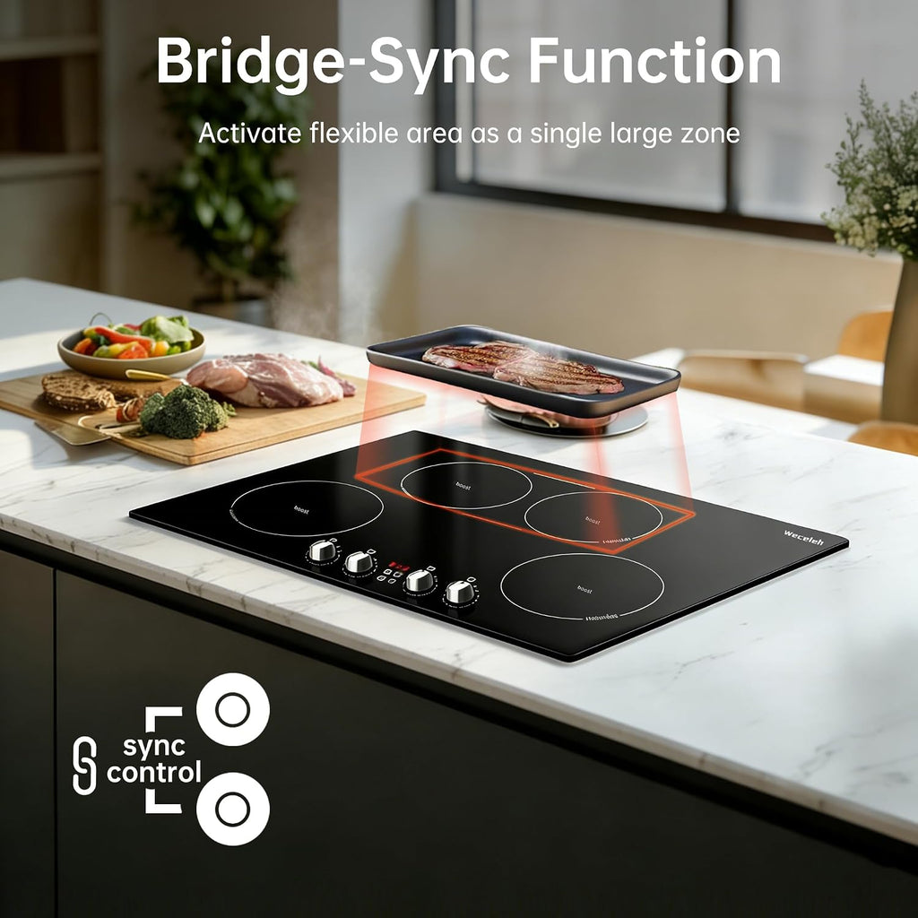 30 Inch Induction Cooktop 7800W, Weceleh 10 Levels Electric Cooktop with 4 BOOST Burners, Bulid-in Induction Stove Top, Bridge-Sync, Safety Lock, Timer, Knob Control, No Plug, 220-240V