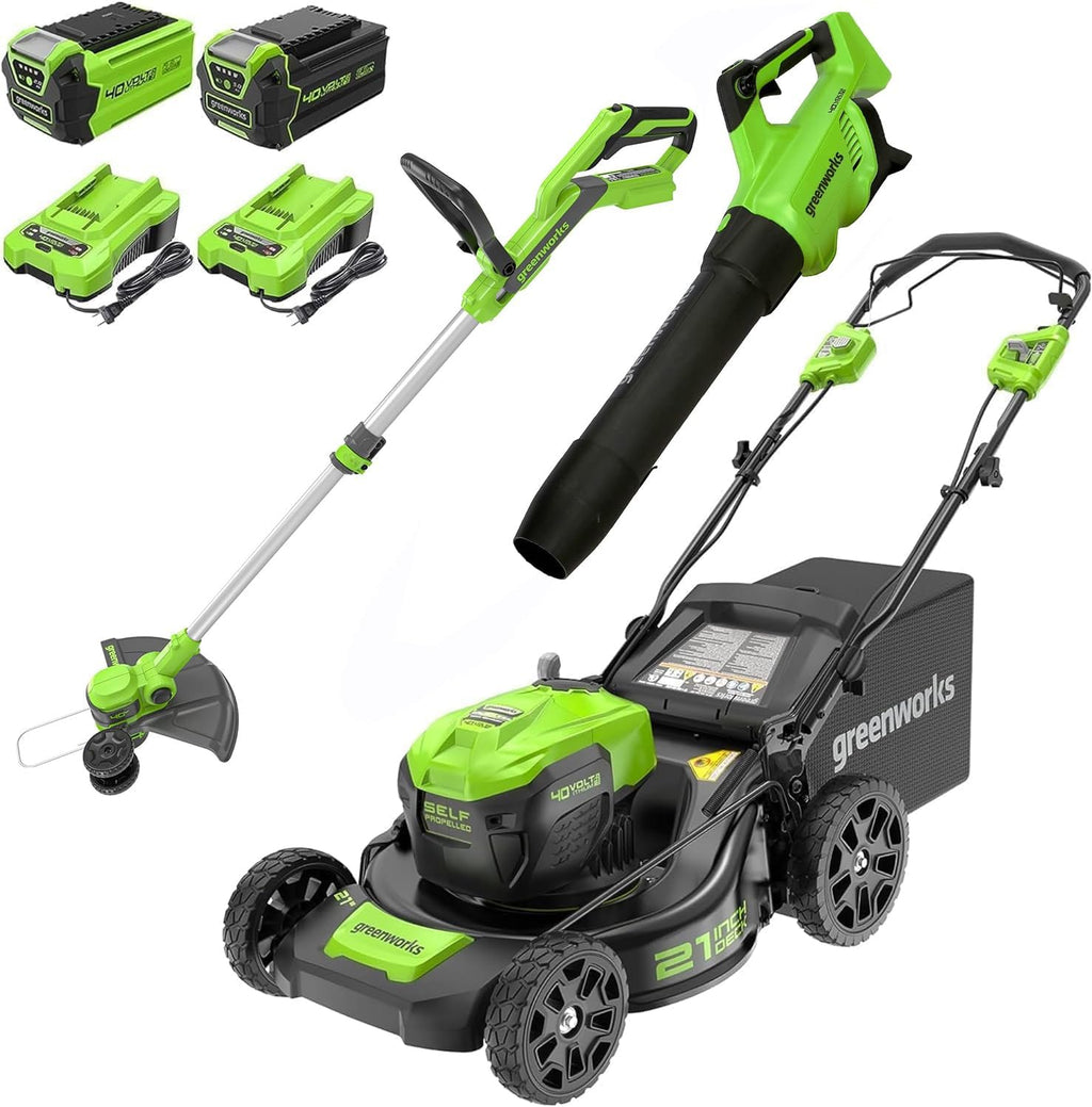 Greenworks 40V 21' Self-Propelled Mower,Axial Leaf Blower,12' String Trimmer with Batteries and Chargers
