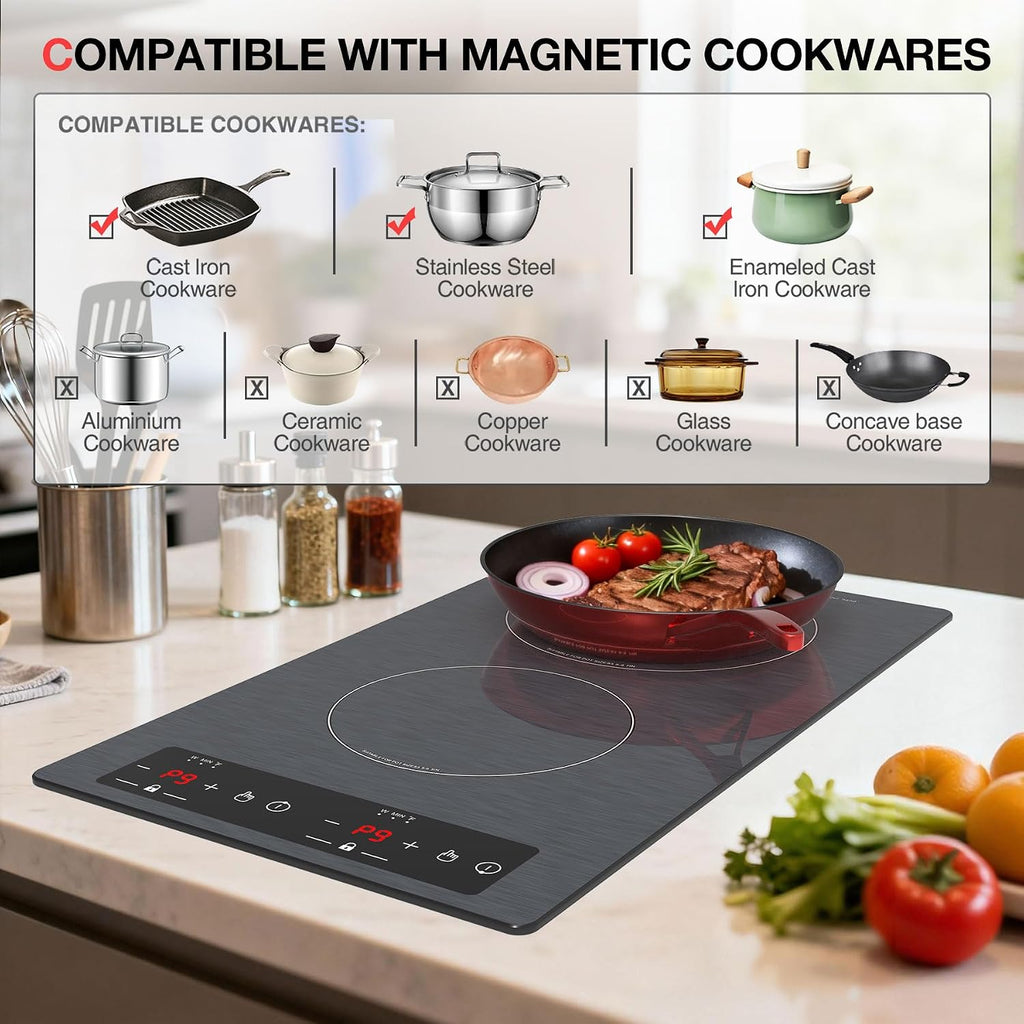 Double Induction Cooktop 110v-120v, GTKZW 2300W Electric Cooktop 20 inch Hot Plate Electric Stove Top with Plug in, Built-in and Countertop, 9 Power Levels, Timer & Safety Lock