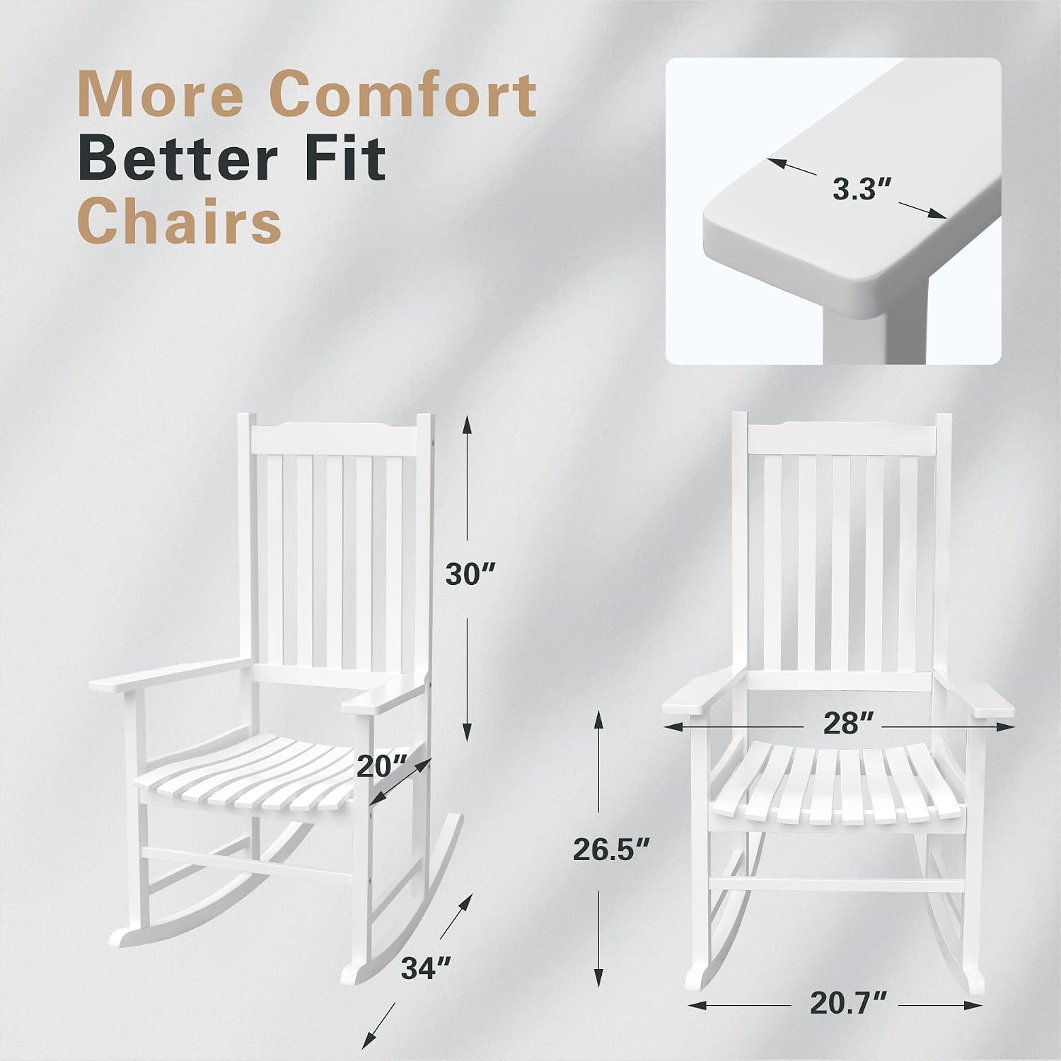 Greesum Outdoor Rocking Chair, Acacia High Back Oversized All-Weather Lounge Rocker with 320 lbs of Support for Patio, Garden, Deck, Porch,White