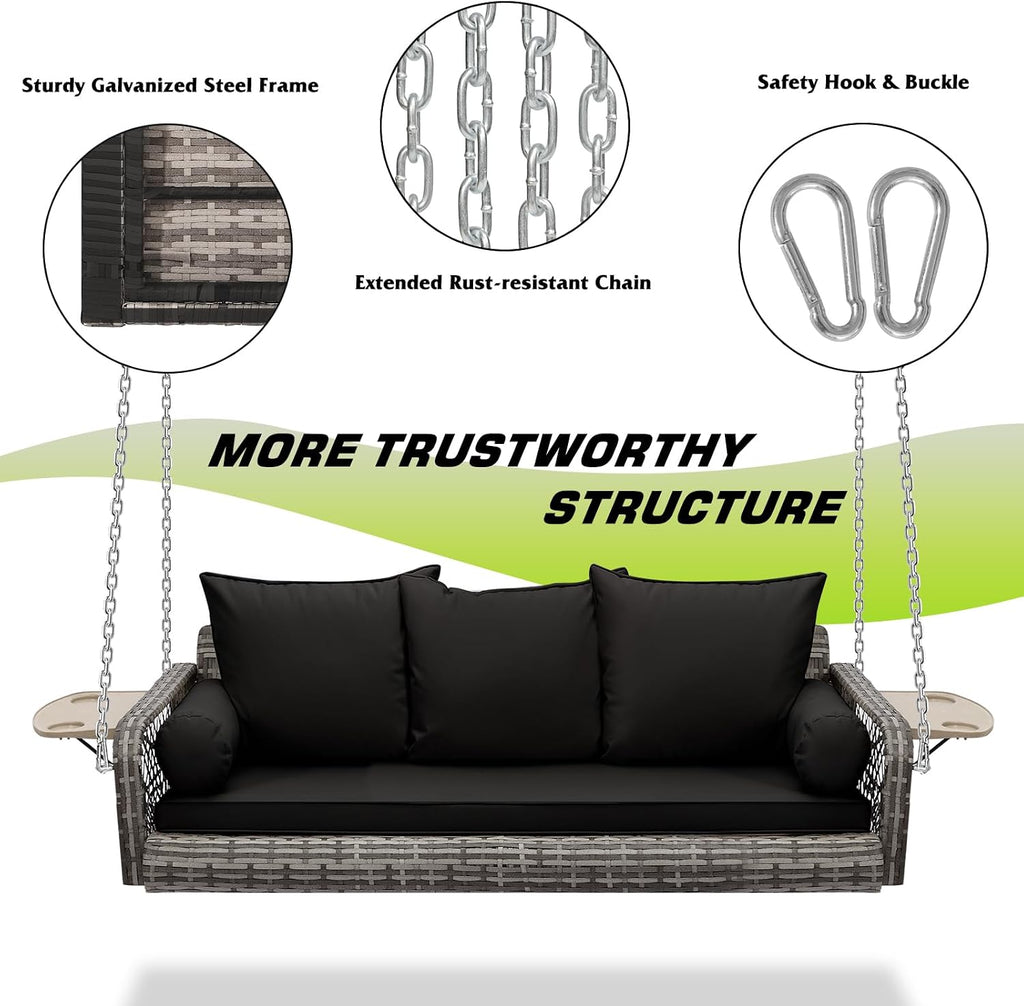 Grepatio Wicker Hanging Porch Swing - Outdoor 3 Person Patio Swing Bench with Cushion & Chains - 3-Seat Porch Swing Chair with Cup Holder for Garden, Yard, Lawn (Black Grey Rattan)