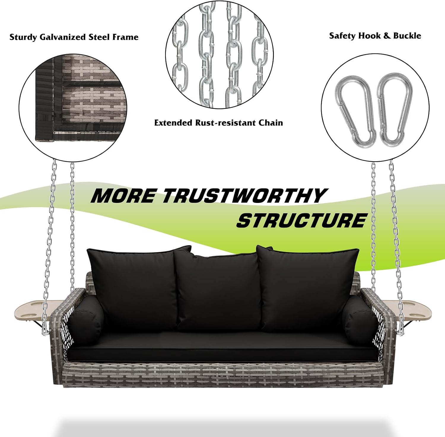 Grepatio Wicker Hanging Porch Swing - Outdoor 3 Person Patio Swing Bench with Cushion & Chains - 3-Seat Porch Swing Chair with Cup Holder for Garden, Yard, Lawn (Black Grey Rattan)