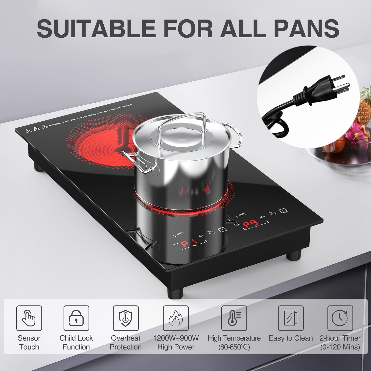 ANHANE 12' Electric Induction Cooktop - 2 Burner 110V Stove Top - Infrared Heating, Built-in Double Burner Cooktop with 20 Temperature Settings, Compatible with All Cookware