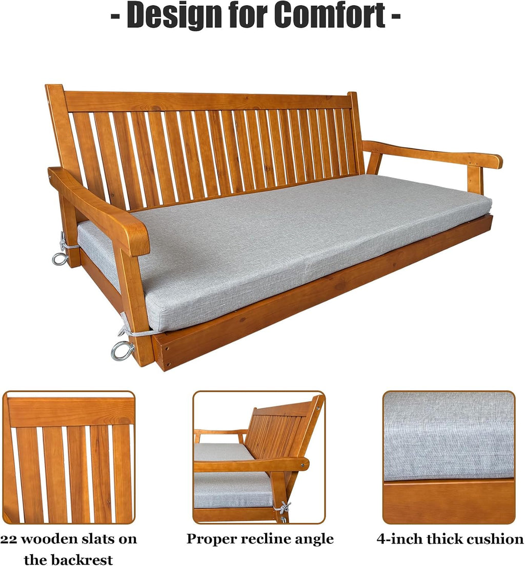 6 FT Wooden Porch Swing Bed with Thick Cushion – Outdoor Hanging Daybed for Patio or Porch, Solid Fir Wood Frame, Weather-Resistant, Heavy Duty 1000 LBS (Teak Tone)
