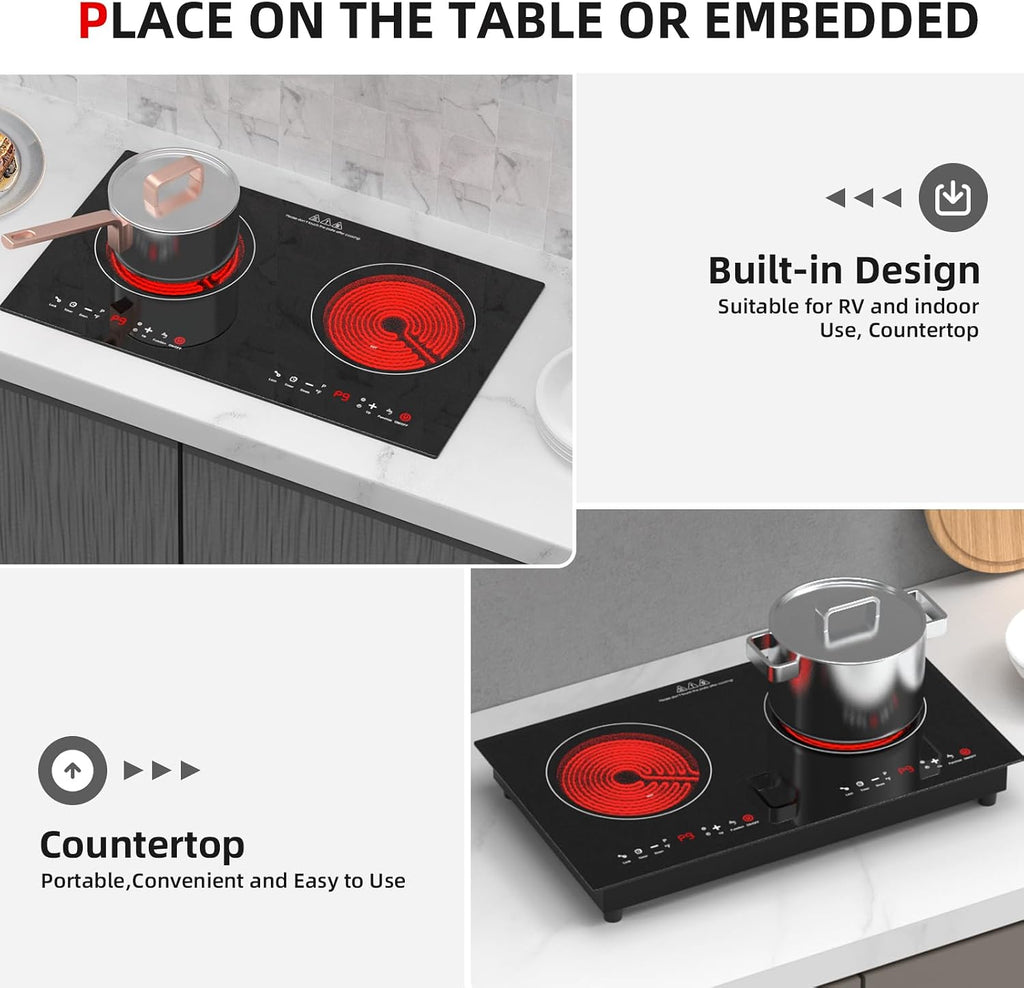 3000w Electric Cooktop, 24' Electric Stove 2 Burner Hot Plate Built-in Double Burner Cooktop with LED Touch Screen,9 Heating 9 Temperature,Kids Lock & Timer,Suitable for all Pans