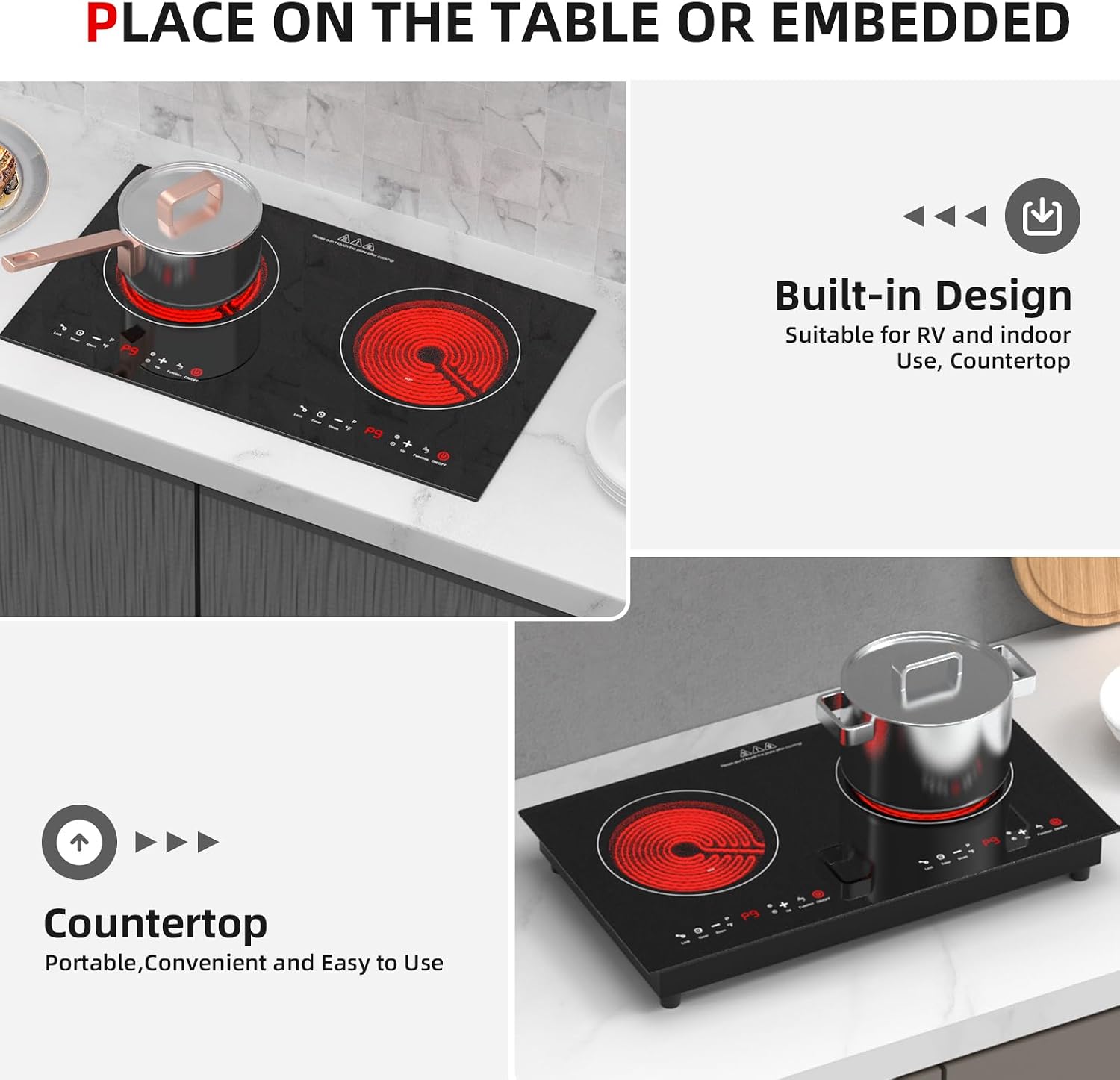 3000w Electric Cooktop, 24' Electric Stove 2 Burner Hot Plate Built-in Double Burner Cooktop with LED Touch Screen,9 Heating 9 Temperature,Kids Lock & Timer,Suitable for all Pans