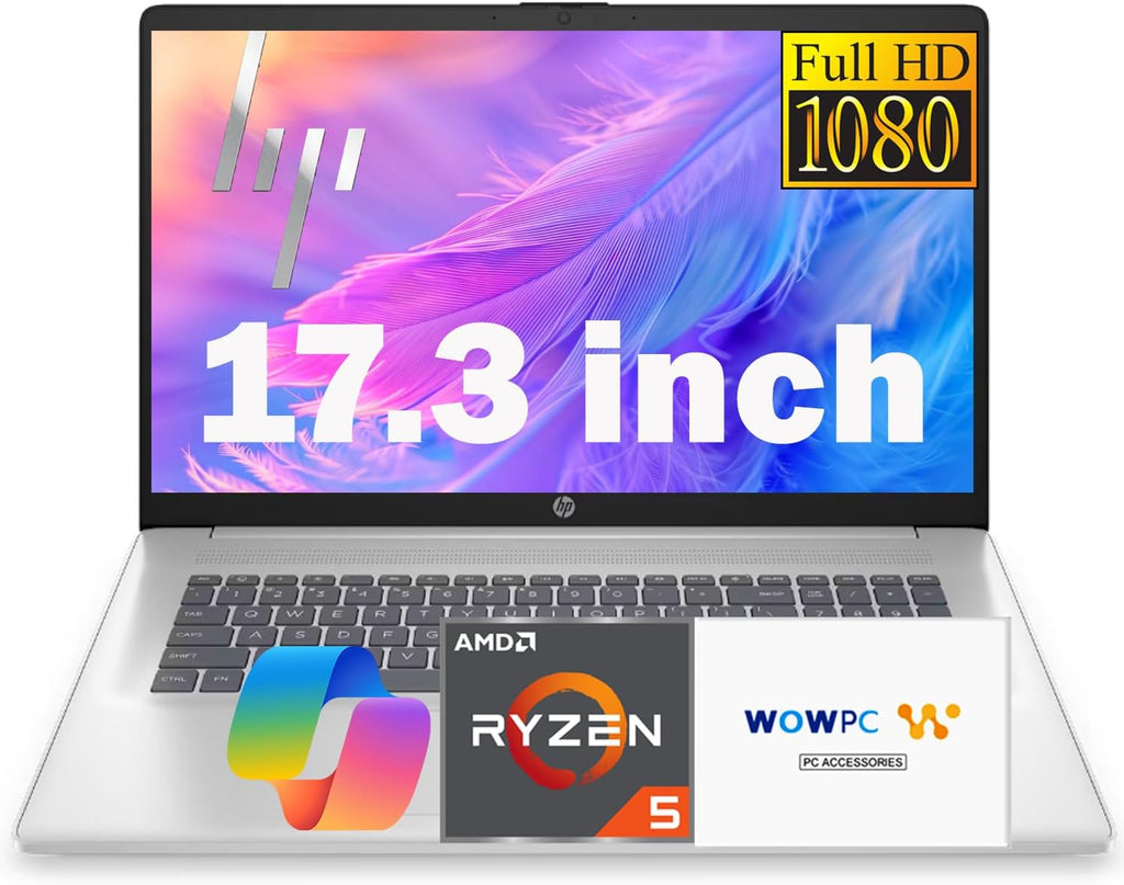 HP 17.3 Inch FHD Business Laptop with MS Office for The Web, AMD Ryzen 5 7430U (Beats Core i7-1355U), 8GB RAM, 628GB Storage (500GB External Drive), Long Battery Life, Windows 11, WOWPC 3-in-1