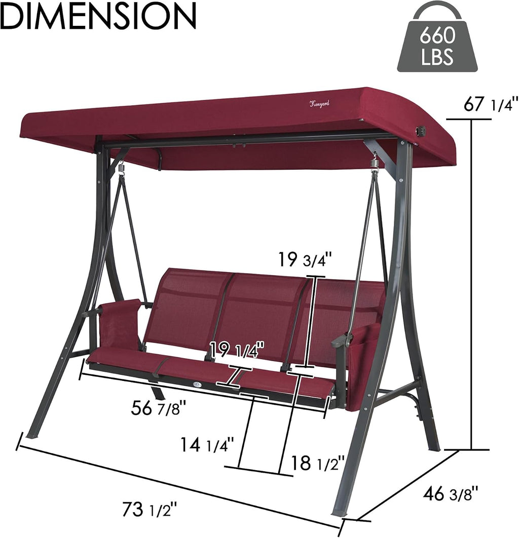 Kozyard Brenda 3-Seat Outdoor Porch Swing Glider, Patio Swing with Adjustable Canopy, Steel Frame, Breathable Textilene Seat & Back, Side Pockets (Burgundy)