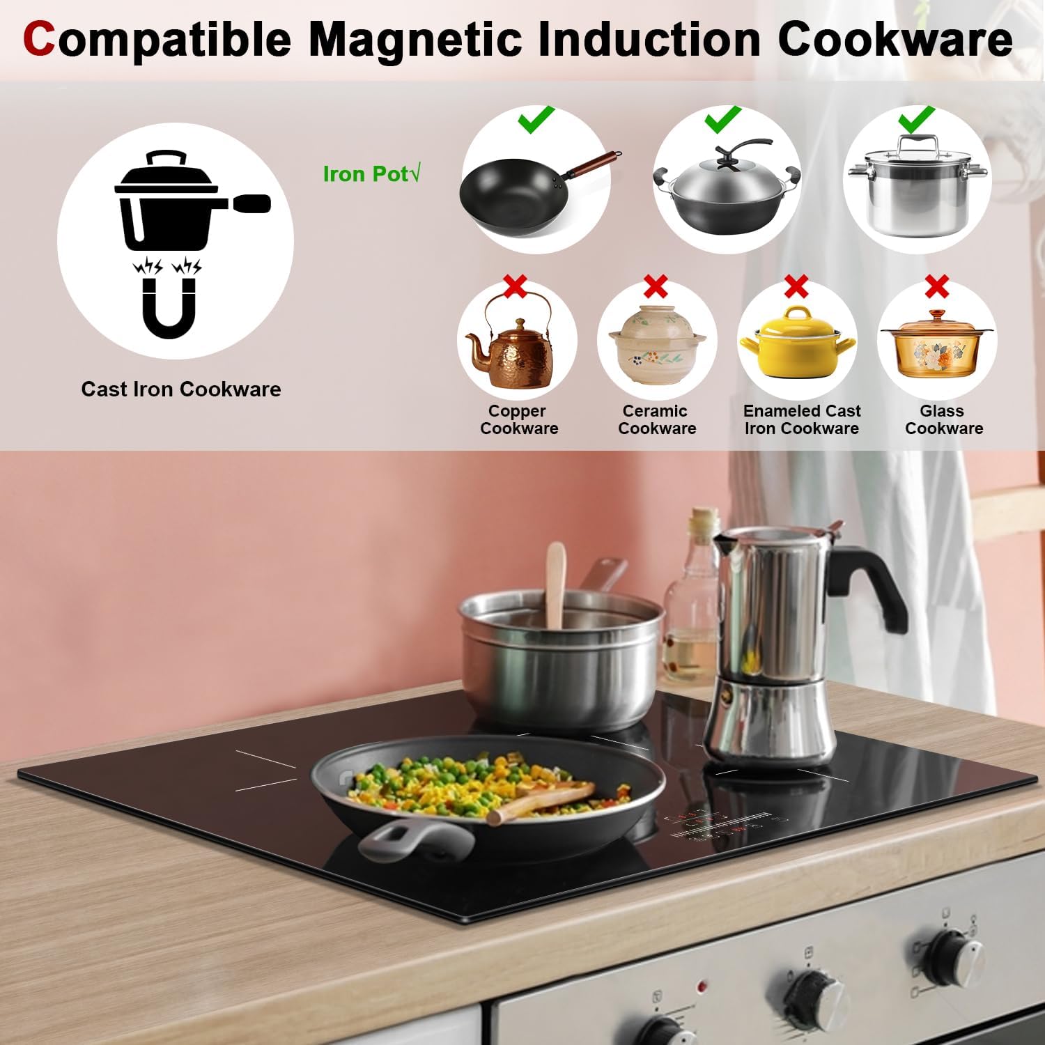 Karinear 30 Inch Induction Cooktop, 4 Burners Electric Cooktop With Touch Control, 9 Power Level Drop-in Induction Stove top, Child Safety Lock & Timer, 7200w,220V, No Plug(come with a pot)