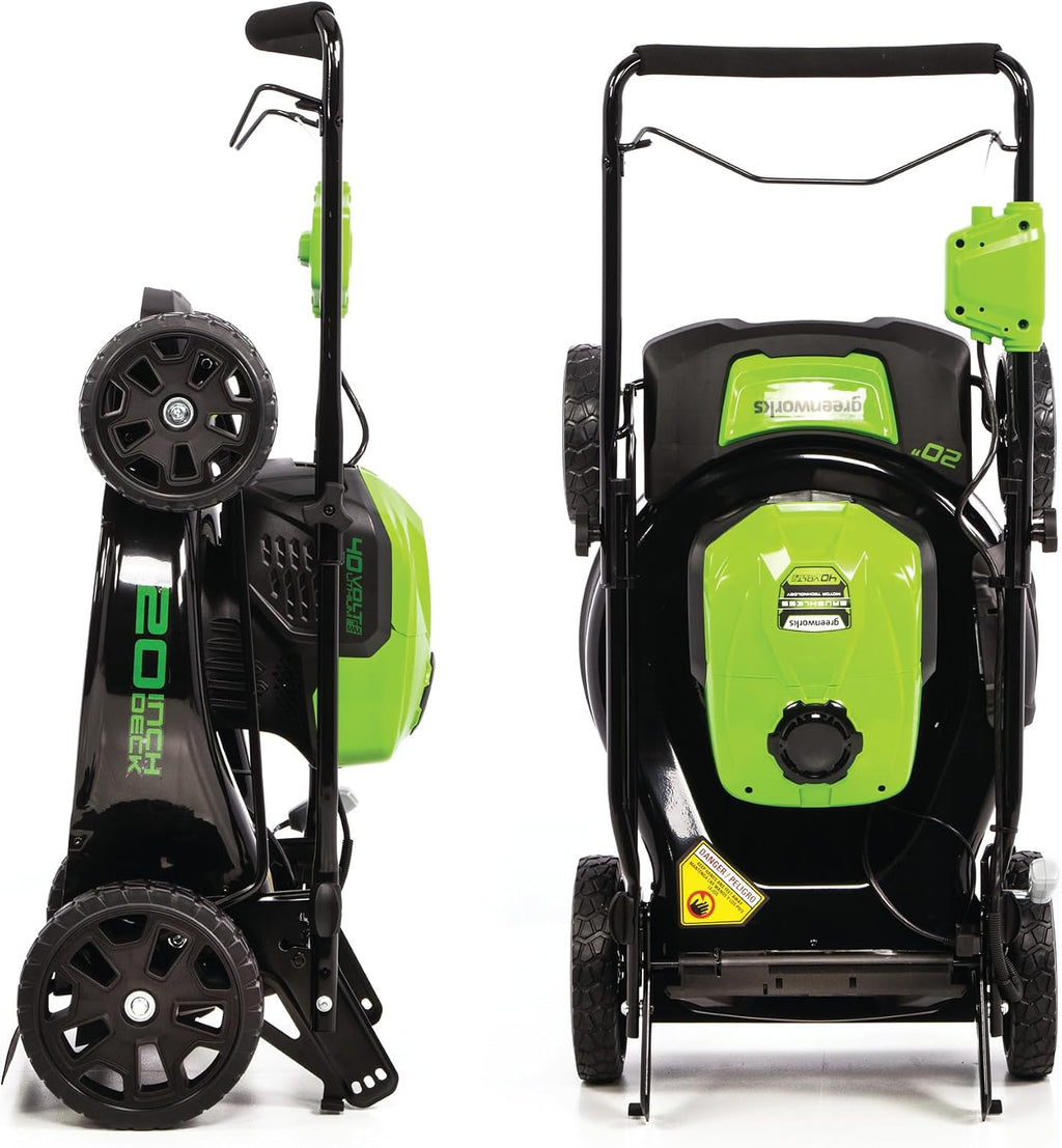 Greenworks 40V 20' Cordless Push Lawn Mower with Axial Leaf Blower(500 CFM / 120 MPH), 12' String Trimmer, 160 PSI Portable Tire Inflator, Includes 2 Batteries(5Ah+2Ah) & Chargers