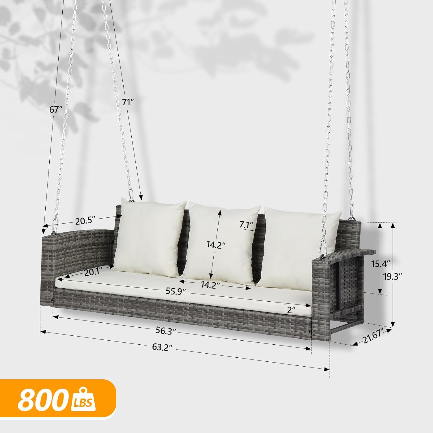 VINGLI Rattan Porch Swing, Heavy Duty 800 LBS Outdoor Hanging Seat with Extra Cushion and Adjustable Chain, the Porch Swing Seat Made by Wicker Suits for Garden, Yard, Lawn (Grey, 5 FT)