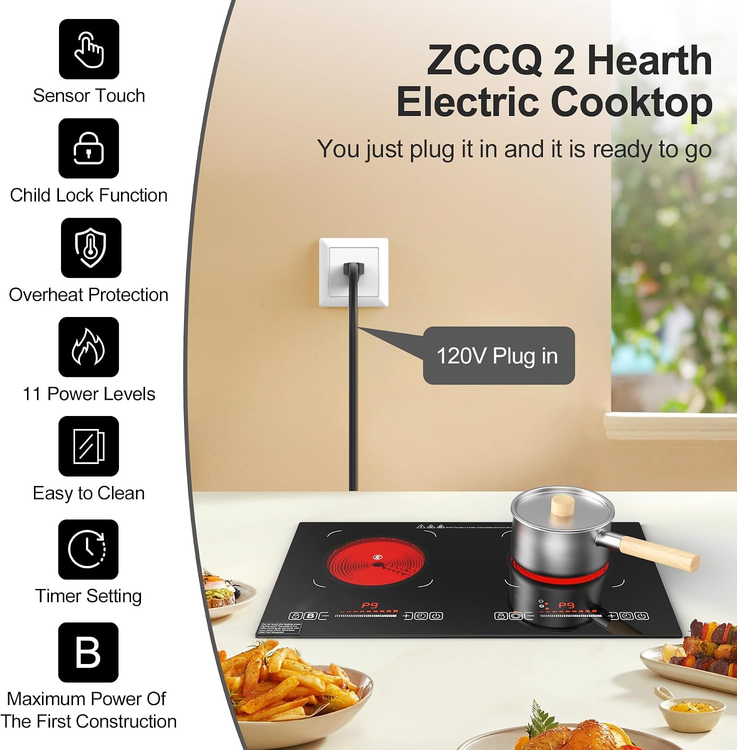 Electric Cooktop,110V 2400W,Countertop and Built-in Electric Stove top,2 Burner induction Cooktop with11 Power Levels,Child Safety Lock, Timer, LED touch control,Overheat Protection