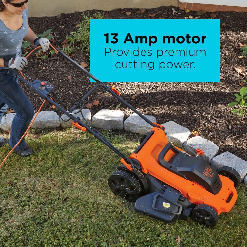 BLACK+DECKER 20-Inch Corded Electric Lawn Mower, Ultra Light Push Mower, 13-Amp High Output Motor, 3 in 1 Cutting Versatility, Tool Free Height Adjustment, 7-setting Cutting Height (MM2000)