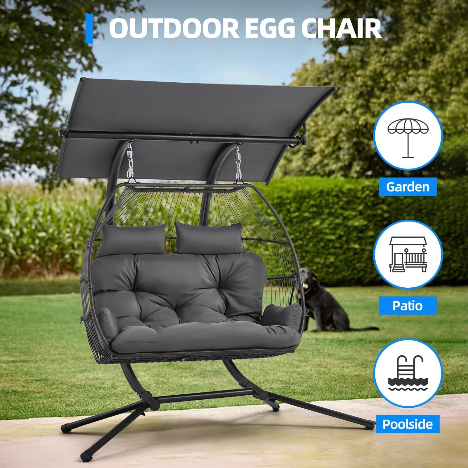 YOLENY Oversized Hanging Swing Chair with Adjustable Canopy, Double Egg Chair, Hammock Chair with Cushion Basket Hammock Nest Chair, Swinging Loveseat for Outdoor Patio, Balcony, Garden