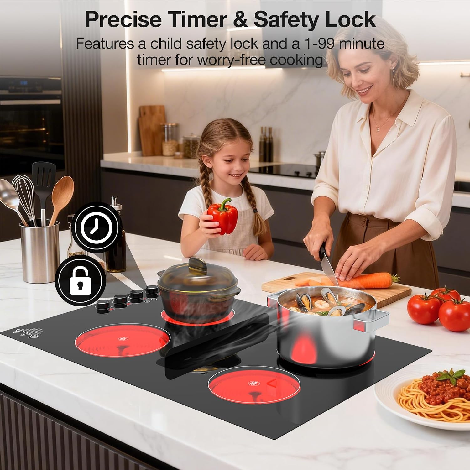 30 Inch Electric Cooktop with Downdraft: 4 Burner 220V Electric Stove Top with 10 Power Levels, Safety Lock - 6000W Built-In Cooktop for Kitchen Island