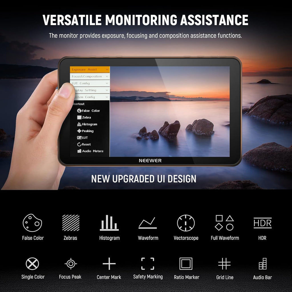 NEEWER F700 7' Camera Field Monitor, 2000nit HD 1920x1080 IPS Touch Screen 3D LUT, 4K HDMI Loop in/Out Peak Focus DSLR Video Assist HDR Waveform, Cold Shoe Mount, 2 NP-F750 Batteries, Cleaning Cloth