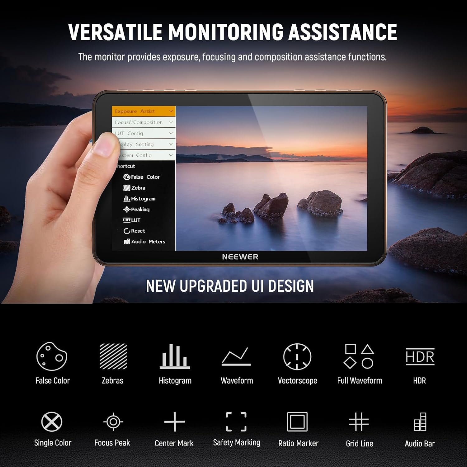 NEEWER F700 7' Camera Field Monitor, 2000nit HD 1920x1080 IPS Touch Screen 3D LUT, 4K HDMI Loop in/Out Peak Focus DSLR Video Assist HDR Waveform, Cold Shoe Mount, 2 NP-F750 Batteries, Cleaning Cloth