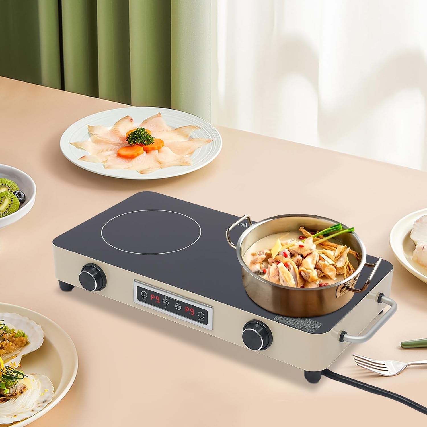 Double-Burner Electric Cooktop, Portable Double Induction Cook-top, 1100w Countertop Double Burner Ceramic Cooktop with 99min Timing Function, Child-Lock, Overheat Protection (Cream Yellow)