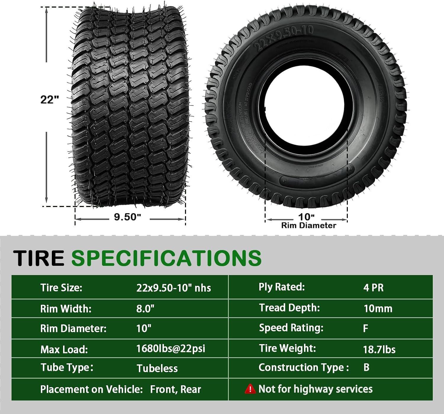 TRIPOWER 22x9.50-10 Lawn Mower Tires - 22x9.5x10 Turf Tire for Zero Turn Riding Lawnmower Golf Cart and Lawn Garden Tractor, Durable, 4PR Tubeless, 1680lbs Capacity, Set of 2
