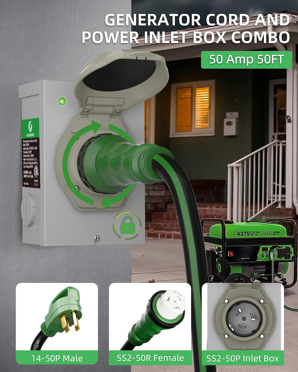50 Amp 50FT Generator Cord and Pre-Drilled Power Inlet Box, NEMA 14-50P to SS2-50R Generator Cord Kit, 6/3+8/1 AWG STW Twist Lock Connector, 125/250V 12500W, ETL Listed, Ready for Emergency Use