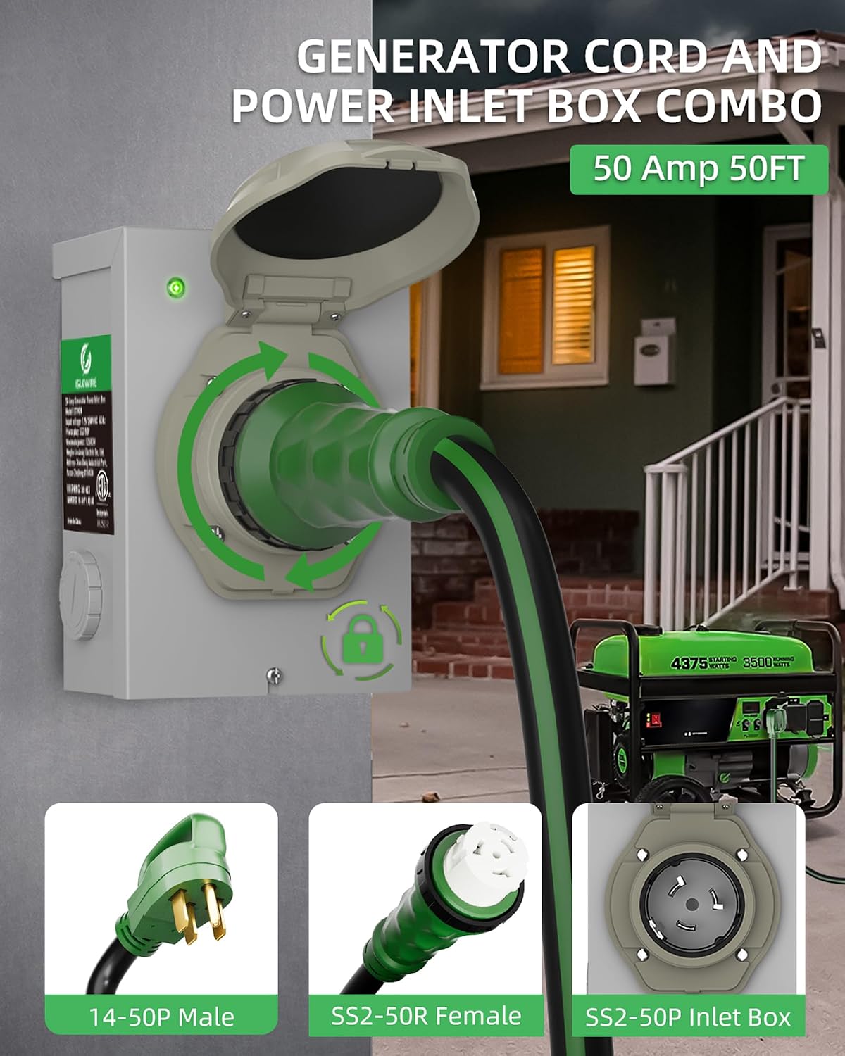 50 Amp 50FT Generator Cord and Pre-Drilled Power Inlet Box, NEMA 14-50P to SS2-50R Generator Cord Kit, 6/3+8/1 AWG STW Twist Lock Connector, 125/250V 12500W, ETL Listed, Ready for Emergency Use