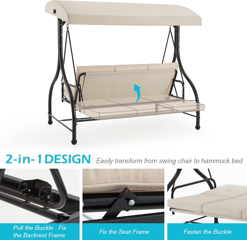 AECOJOY Porch Swing Chair, 3 Seats Porch Swing Adjustable Canopy Outdoor Swing with Stand Patio Swing Bed with Removable Beige Cushions