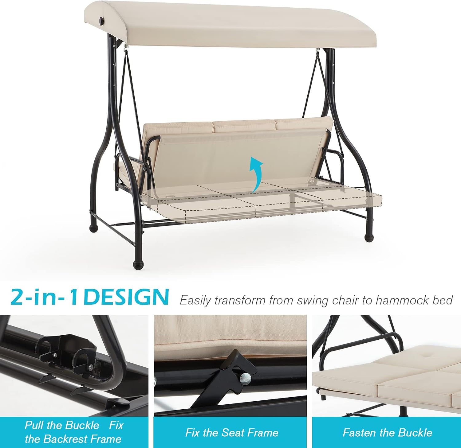 AECOJOY Porch Swing Chair, 3 Seats Porch Swing Adjustable Canopy Outdoor Swing with Stand Patio Swing Bed with Removable Beige Cushions