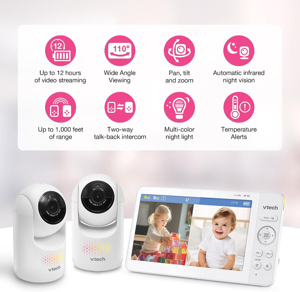 VTech Advanced HQ Max Twin 7' Digital Video 2-Cameras Baby Monitor with Pan Tilt Zoom, Long Battery Life 5000mAh, IPS Screen, Adaptive Multi-Color Night Light, 2-Way Talk, HQ Display, No WiFi, White