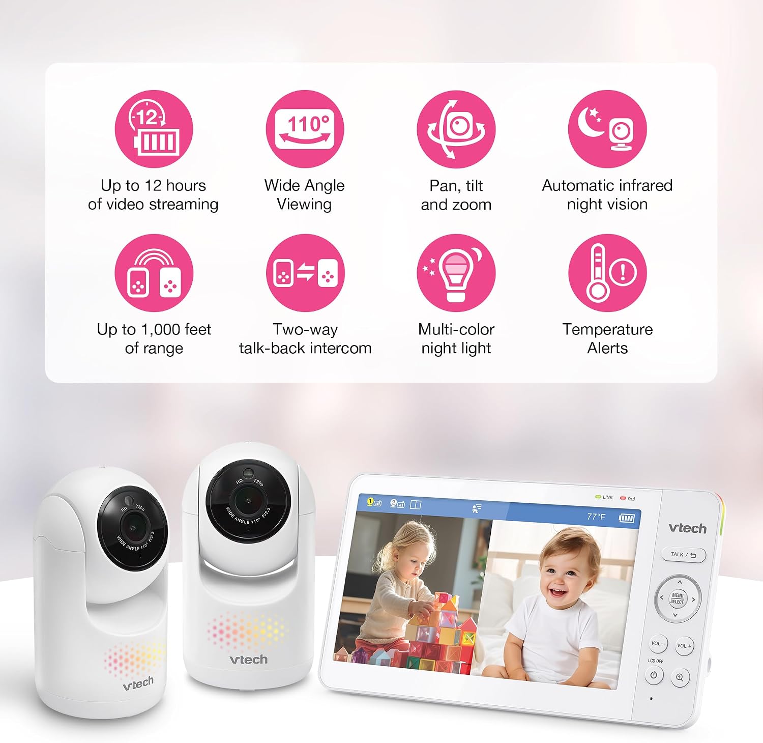 VTech Advanced HQ Max Twin 7' Digital Video 2-Cameras Baby Monitor with Pan Tilt Zoom, Long Battery Life 5000mAh, IPS Screen, Adaptive Multi-Color Night Light, 2-Way Talk, HQ Display, No WiFi, White